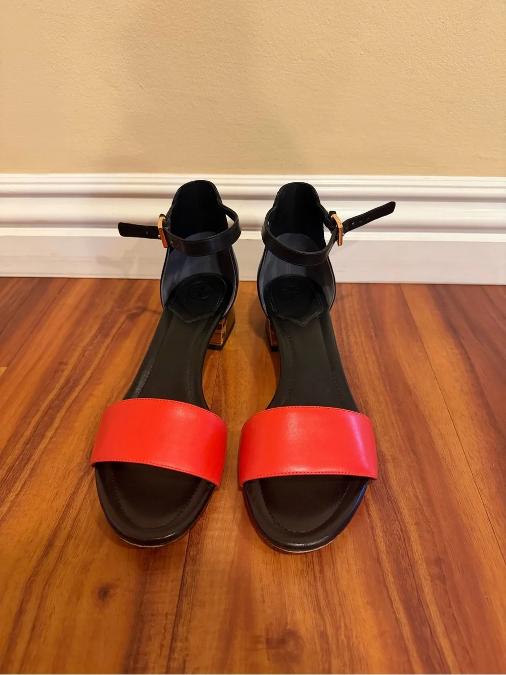 Tory Burch Black & Red Ankle-Strap Block Heel Sandals